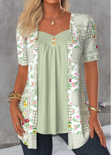 ROTITA Fake 2in1 Floral Print Sage Green T Shirt
