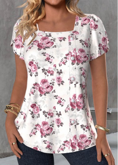 ROTITA Button Floral Print White Square Neck T Shirt