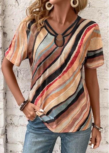 ROTITA Cut Out Geometric Print Multi Color T Shirt