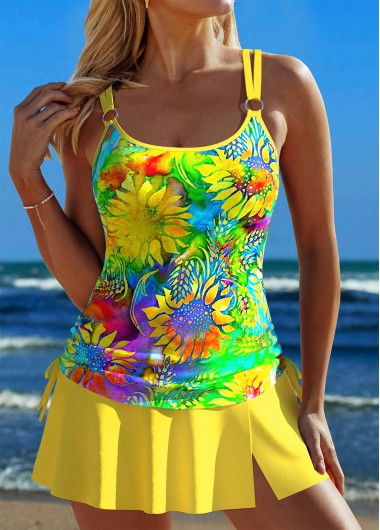 ROTITA Circular Ring Yellow Floral Print Tankini Set