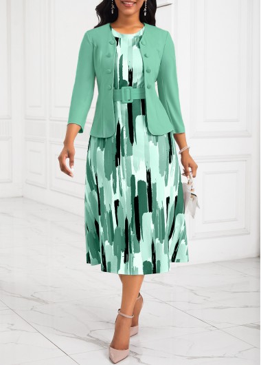 ROTITA Two Piece Mint Green Belted Round Neck Dress and Cardigan