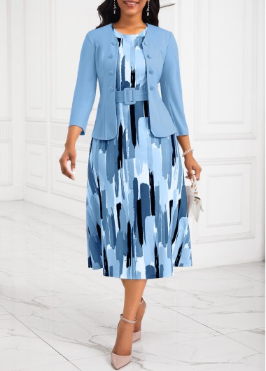 ROTITA Two Piece Light Blue Belted Round Neck Dress and Cardigan