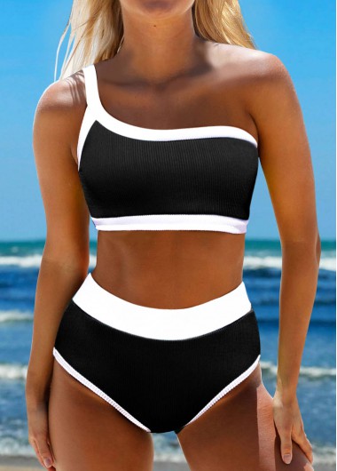 ROTITA Contrast Binding Asymmetric Black Bikini Set