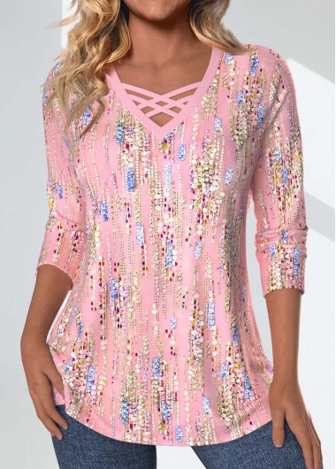 ROTITA Criss Cross Geometric Print Light Pink T Shirt