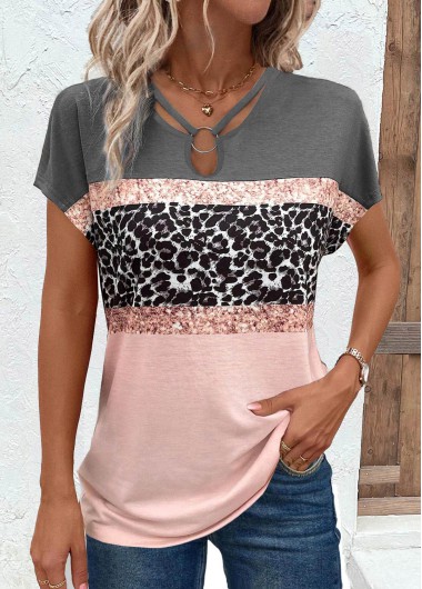 ROTITA Cut Out Leopard Grey Short Sleeve T Shirt