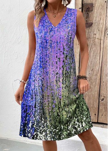 ROTITA Lightweight Ombre Purple A Line V Neck Sleeveless Dress