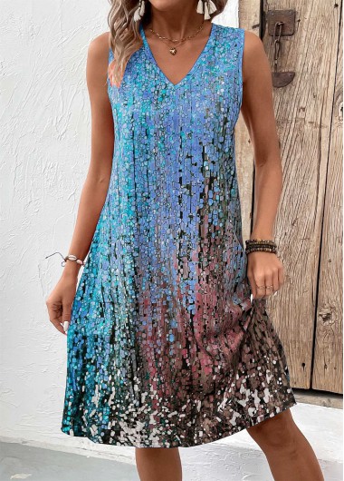 ROTITA Lightweight Ombre Sky Blue A Line V Neck Dress
