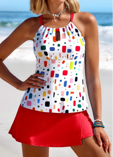 ROTITA Cut Out Red Geometric Print Tankini Set