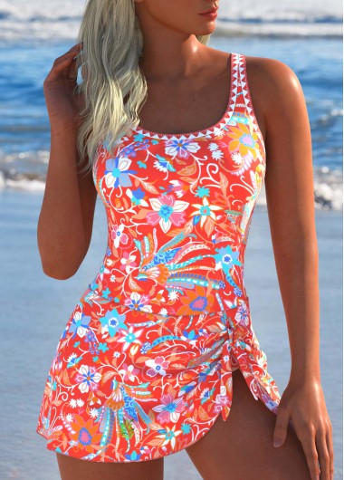 ROTITA Tie Coral Floral Print One Piece Swimdress