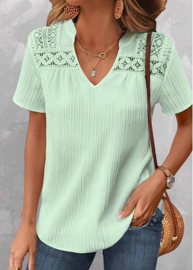 ROTITA Patchwork Light Green V Neck Short Sleeve Shirt