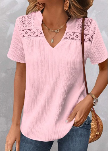 ROTITA Patchwork Light Pink V Neck Short Sleeve Shirt