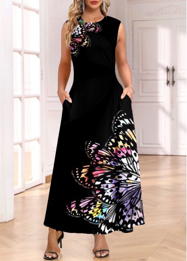 ROTITA Pocket Butterfly Print Black Maxi Round Neck Shift Dress