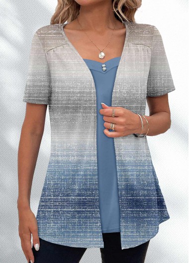 ROTITA Fake 2in1 Ombre Multi Color V Neck T Shirt