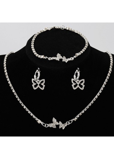 Rhinestone Butterfly Silvery White Alloy Necklace Set