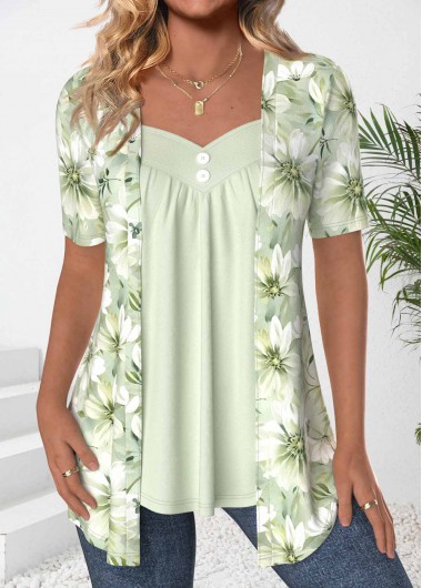 ROTITA Fake 2in1 Floral Print Light Green T Shirt