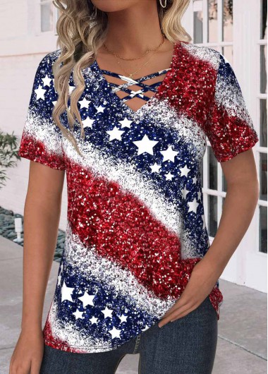 ROTITA Criss Cross Flag Print Navy V Neck T Shirt