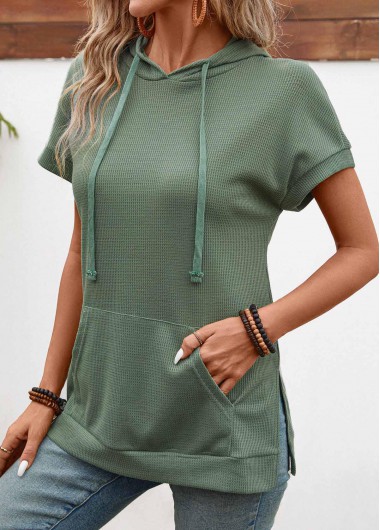 Pocket Sage Green Hooded Short Sleeve T Shirt