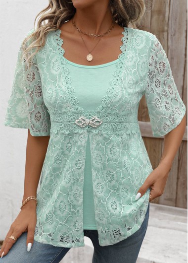 ROTITA Lace Mint Green Round Neck Half Sleeve Shirt