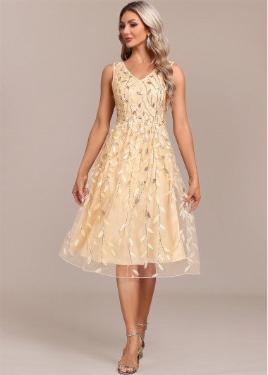 ROTITA Embroidery Champagne V Neck Sleeveless Dress