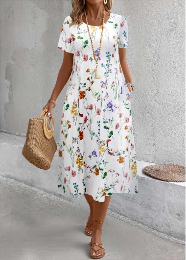 ROTITA Breathable Floral Print White A Line Round Neck Dress