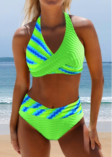 ROTITA Surplice Neon Green Floral Print Bikini Set