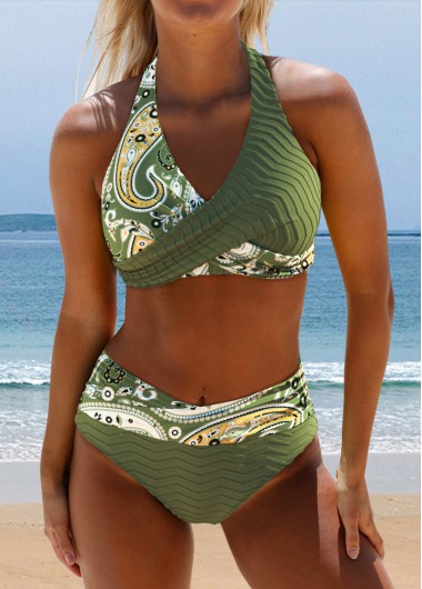 ROTITA Surplice Olive Green Floral Print Bikini Set