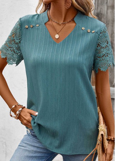 ROTITA Lace Turquoise Split Neck Short Sleeve Shirt