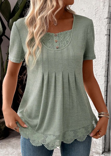 ROTITA Lace Sage Green Square Neck Short Sleeve T Shirt
