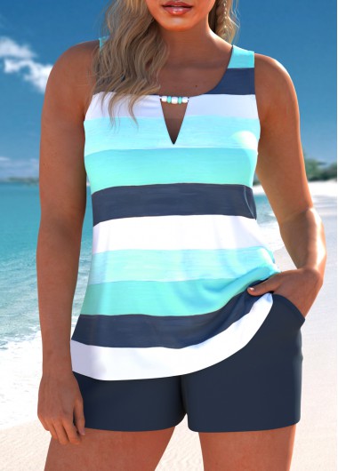 ROTITA Cut Out Cyan Multi Stripe Print Tankini Set