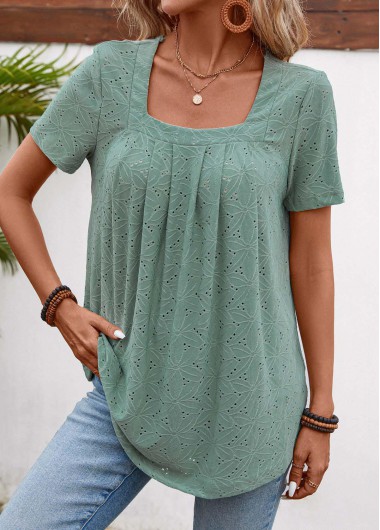 ROTITA Pleated Sage Green Square Neck Short Sleeve T Shirt