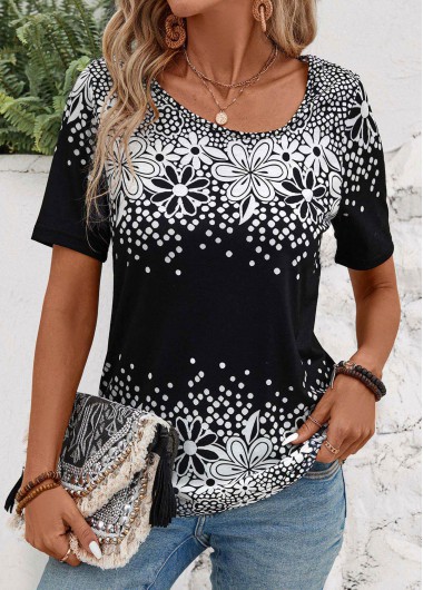 Floral Print Black Asymmetrical Neck Short Sleeve T Shirt