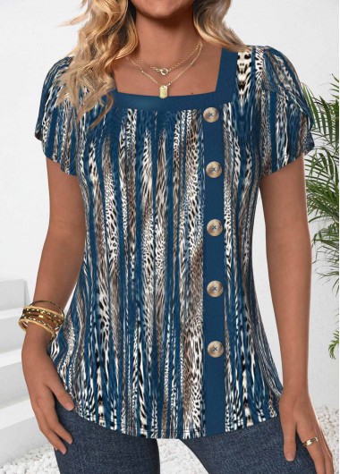 ROTITA Button Leopard Peacock Blue Square Neck T Shirt