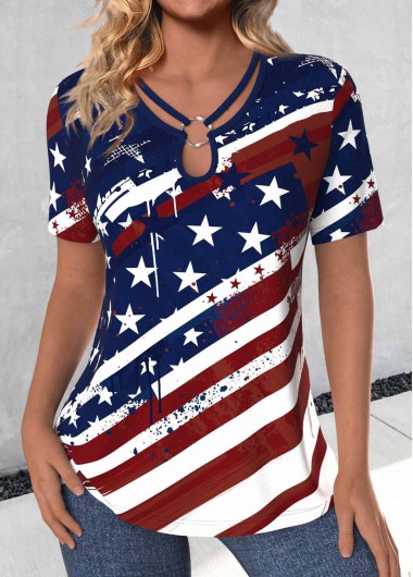ROTITA American Flag Circular Ring Navy Round Neck T Shirt