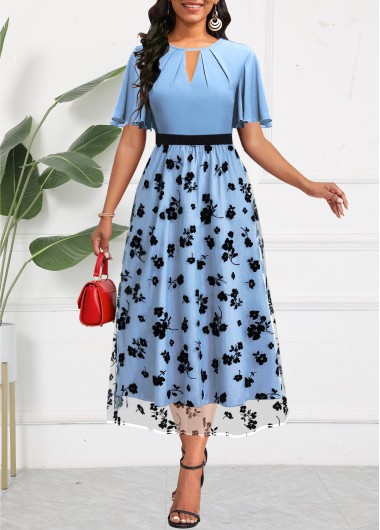 ROTITA Mesh Floral Print Light Blue Round Neck Dress
