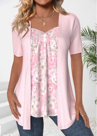 ROTITA Patchwork Floral Print Light Pink Heart Collar T Shirt