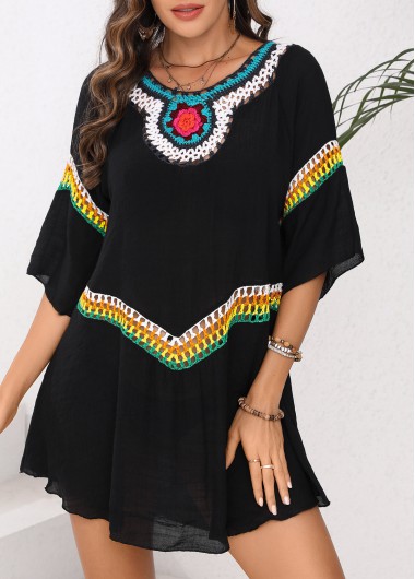 Patchwork Round Neck Black Cover Up