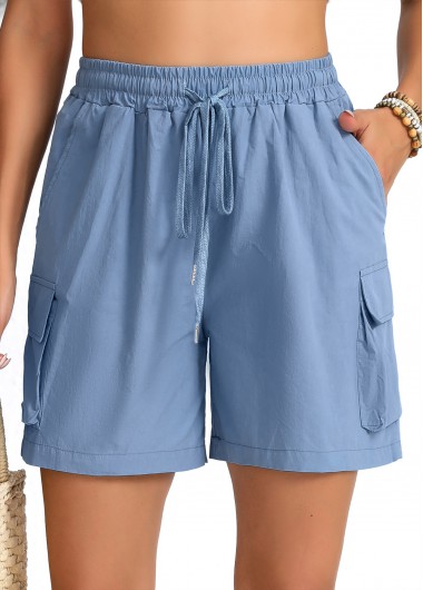 Pocket Dusty Blue Elastic Waist High Waisted Shorts
