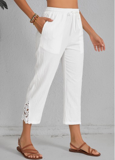 Patchwork White Elastic Waist High Waisted Pants