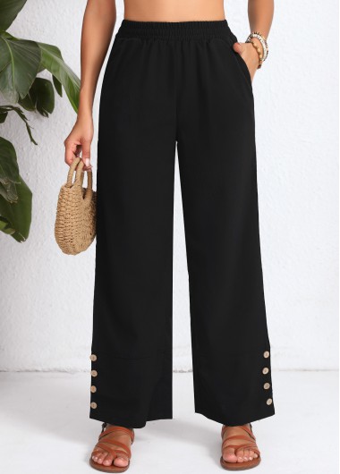 Button Elastic Waist High Waisted Black Pants