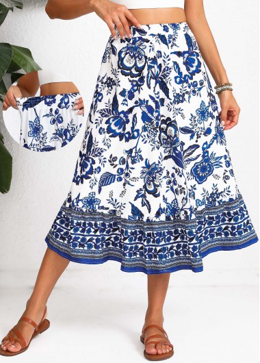Smocked Floral Print Blue Elastic Waist A Line Skirt