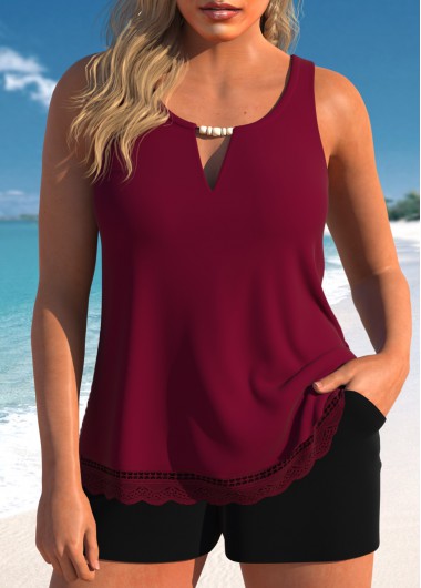 ROTITA Lace Wine Red Cutout Tankini Set