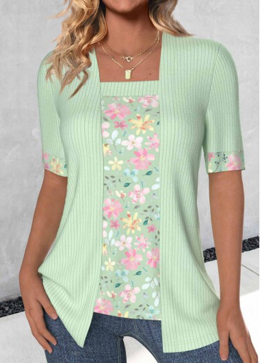 ROTITA Fake 2in1 Floral Print Light Green T Shirt