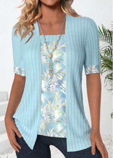 ROTITA Patchwork Leaf Print Light Blue Square Neck T Shirt