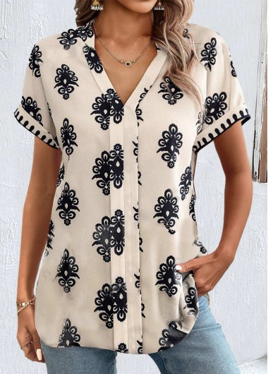 ROTITA Patchwork Tribal Print Light Camel Split Neck Shirt