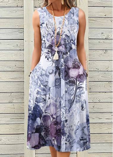 ROTITA Breathable Floral Print Dusty Purple A Line Sleeveless Dress