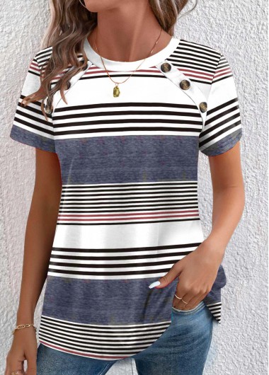 ROTITA Plus Size Button Dusty Blue Striped T Shirt