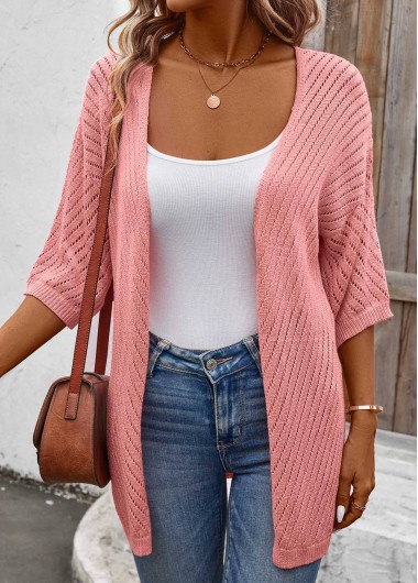 Hollow Out Dusty Pink 3/4 Sleeve Cardigan