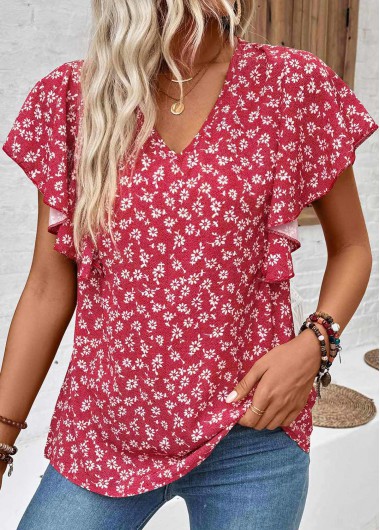 ROTITA Ruffle Ditsy Floral Print Wine Red V Neck Shirt