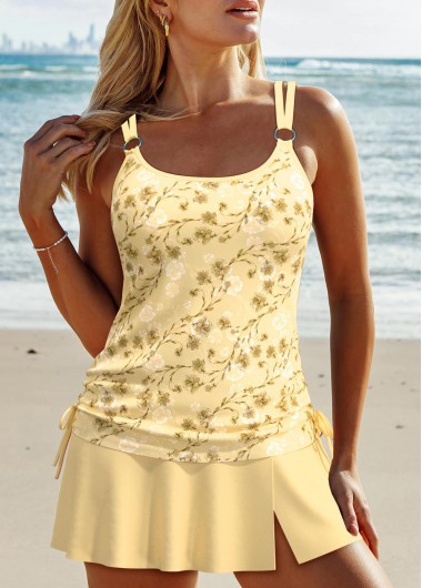 ROTITA Ruched Light Yellow Floral Print Tankini Set