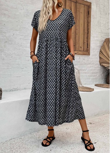 Pocket Geometric Print Black V Neck Short Sleeve Dress